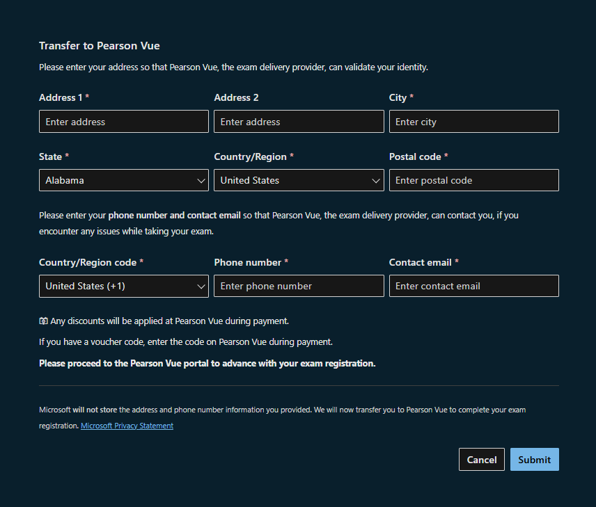 Transfer page between Microsoft Learn and PearsonVue where you fill out your personal details