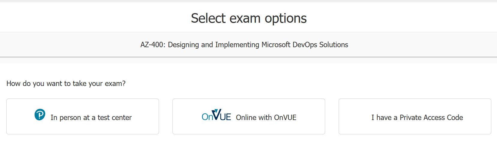 PearsonVue Exam Options